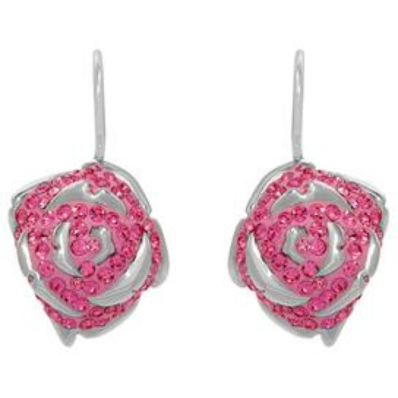 DESIGNER ROMANTIC ROSE PINK CRYSTALS SOLID .925 SILVER DANGLE EARRINGS**NEW! - Picture 1 of 5